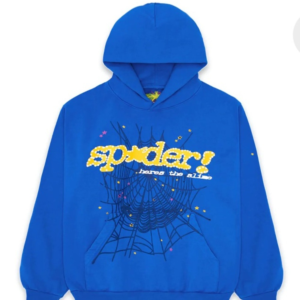 SP*DER Blue Hoodie with Spider Web Design